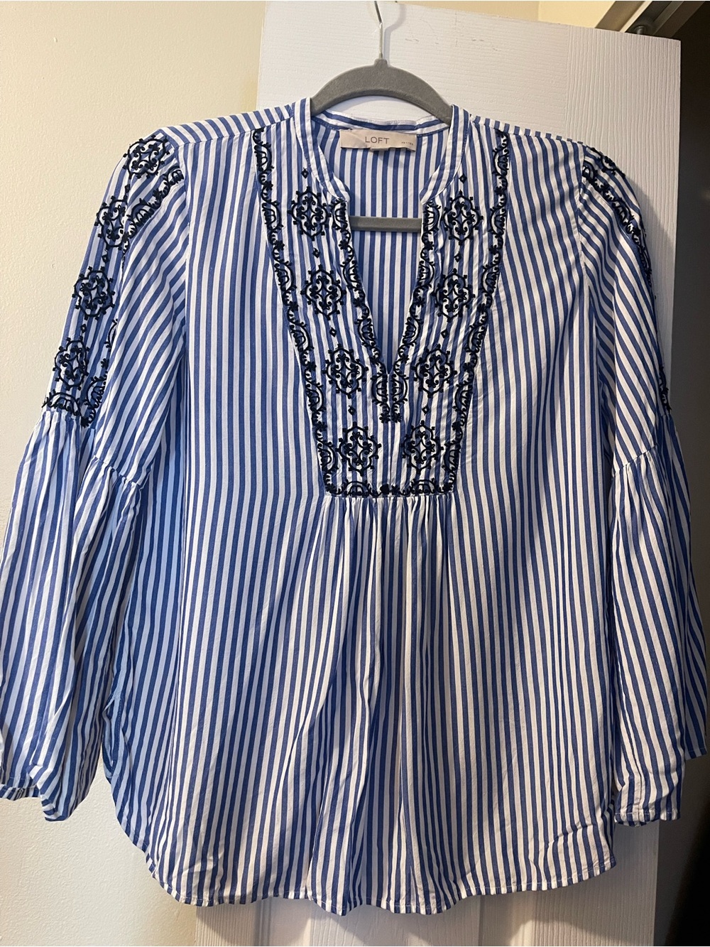 LOFT Blue & White Striped V-Neck Tunic with Navy Embroidery